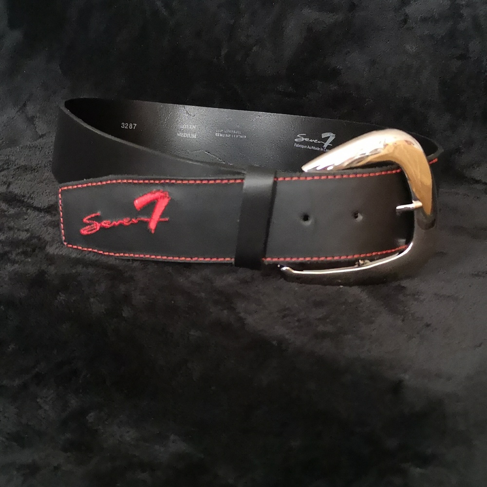 NWOT Genuine Leather Women's Black Belt by Seven7 w Red Stitching Silver Buckle